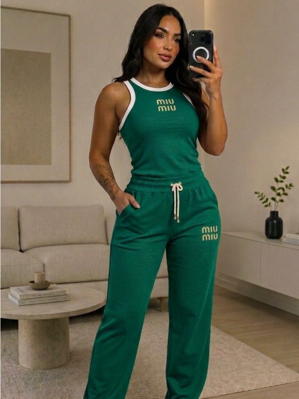 Miu Miu Green Ribbed Tank & Jogger Set size M